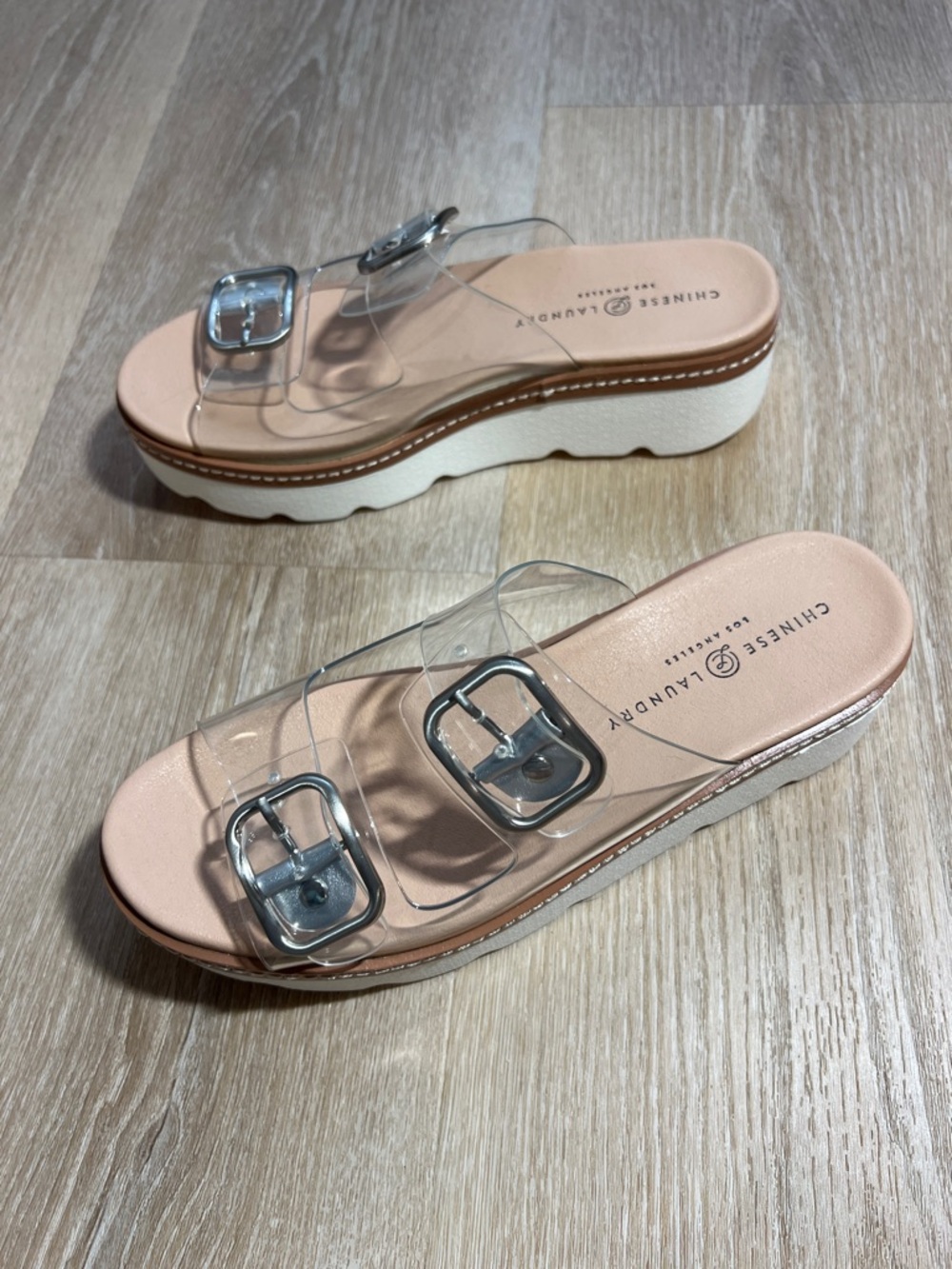 Chinese Laundry Clear Two-Buckle Slide Sandals with Nude Footbed - Picture 2 of 3